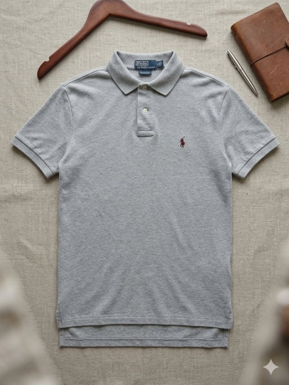 Polo Ralph Lauren Men’s Medium Gray Custom Fit Pique Polo Shirt Cotton Long Tail
